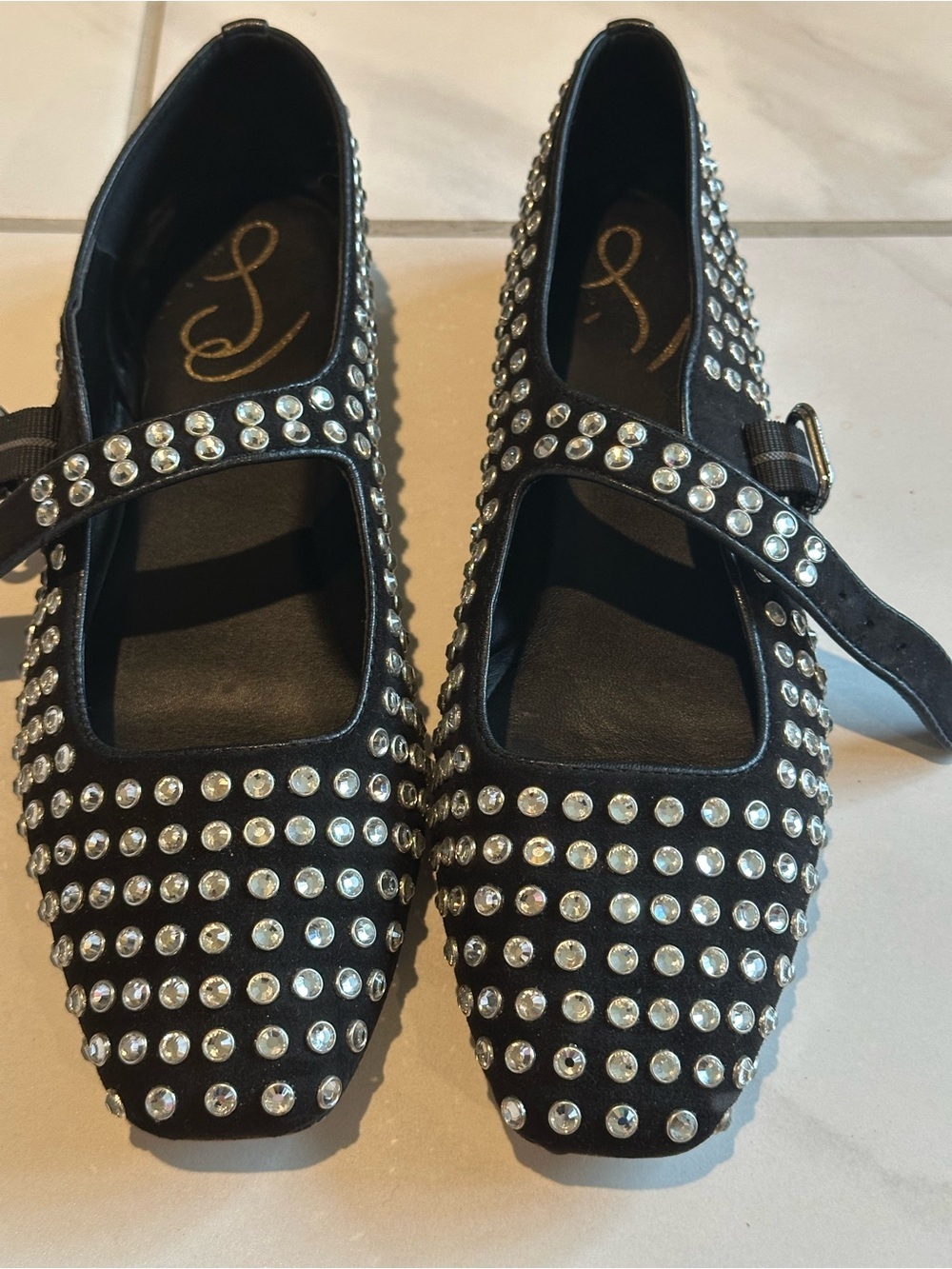 Sam Edelman Black Studded Rhinestone Mary Jane Flats Buckle Shoes Women’s Size 9
